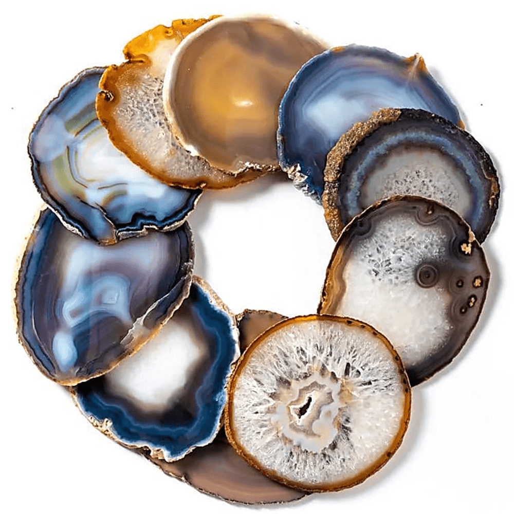 Φυσικό ορυκτό πέτρωμα - Φέτες Αχάτη (Agate) - φυσικό χρώμα + Βάση Δώρο.Διαστάσεις: ± 12 εκ (Η συσκευασία περιέχει 1 τεμάχιο) - mykarma.gr