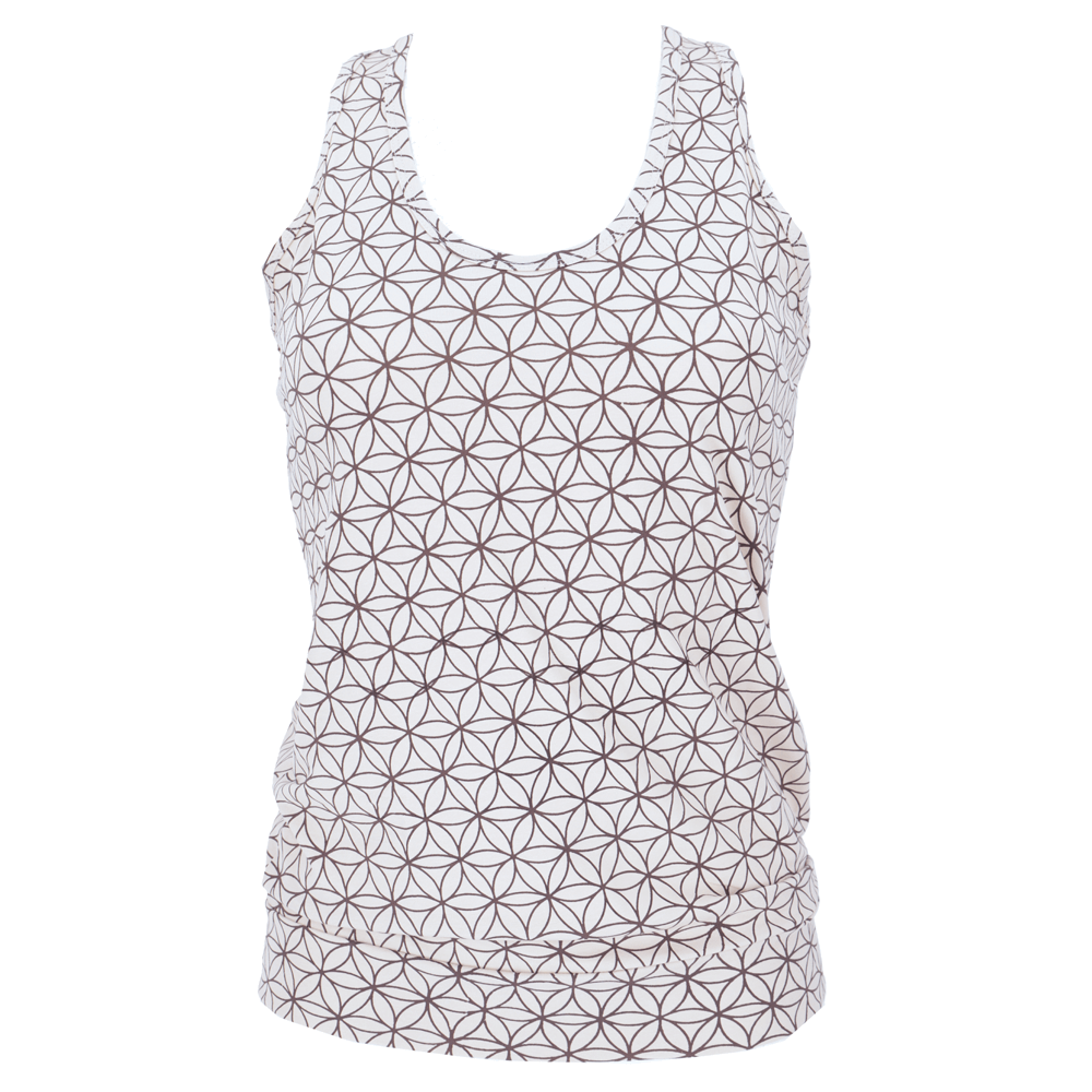 Γιόγκα T-shirt από οργανικό βαμβάκι με σχέδιο «Λουλούδι της Ζωής» - Λευκό - Small - mykarma.gr