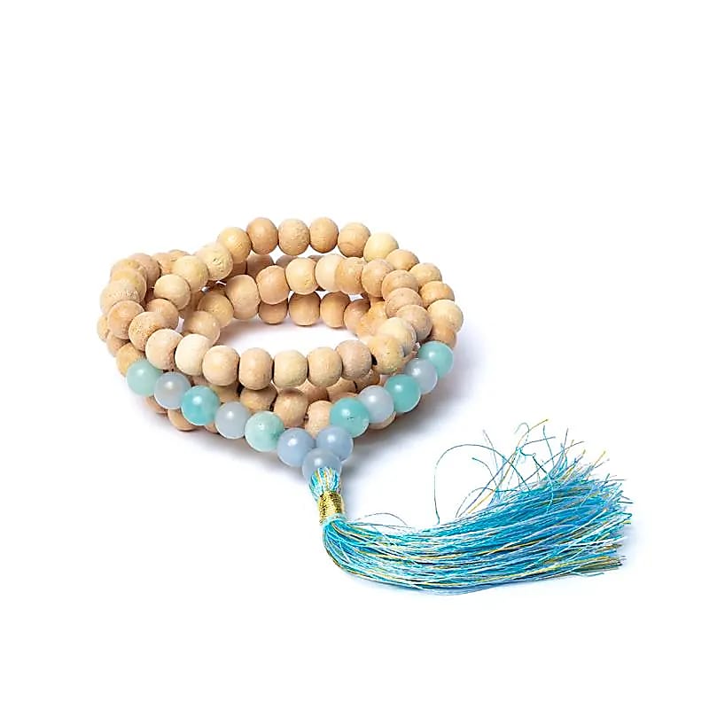 Mala Ξύλο Tulsi με Αγγελίτη & Αμαζονίτη (Angelite/Amazonite) + πουγκί δώρο - 108 χάντρες Διαστάσεις χάντρας : 0,7 cm - mykarma.gr