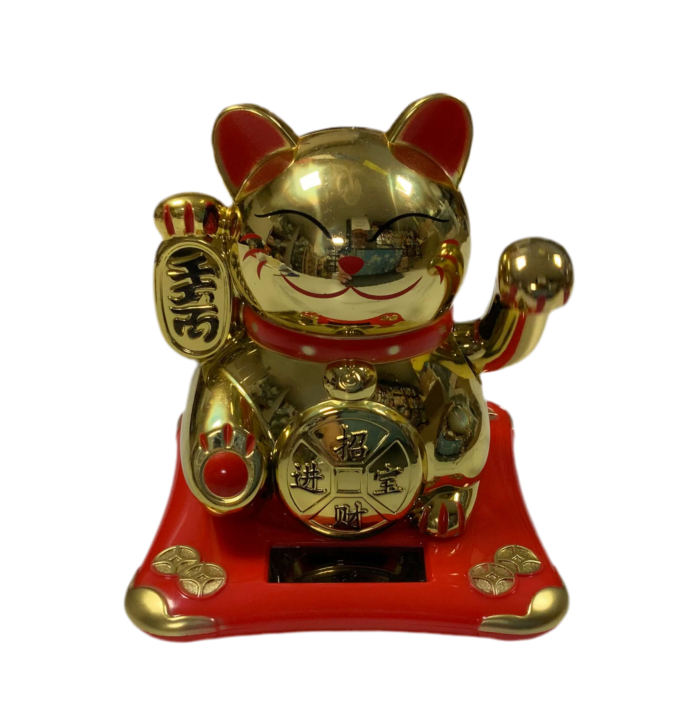 Maneki Lucky Cat - Σύμβολο καλής Τύχης & Πλούτου κουνάει το χέρι με τυχερά σύμβολα Διαστάσεις: 10 x 9 εκ
