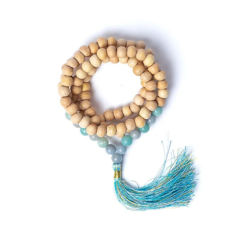 Mala Ξύλο Tulsi με Αγγελίτη & Αμαζονίτη (Angelite/Amazonite) + πουγκί δώρο - 108 χάντρες Διαστάσεις χάντρας : 0,7 cm - mykarma.gr