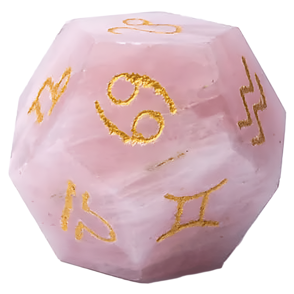 Ζάρι Μαντείας 12 όψεων από Ροζ Χαλαζια (Rose Quartz) με χαραγμένα σύμβολα των 12 Ζωδίων Διαστάσεις: 3 cm - mykarma.gr