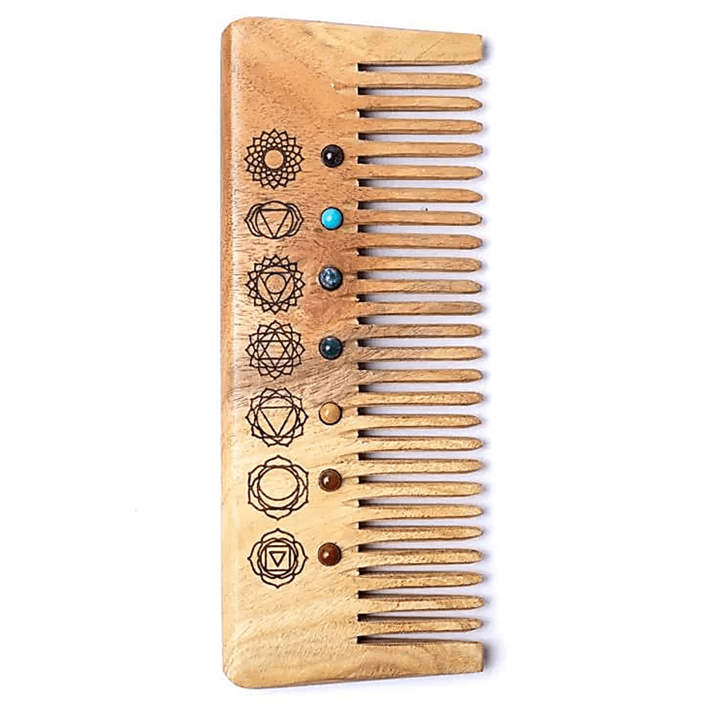 Φυσική Ξύλινη Χτένα με χαραγμένα σύμβολα των 7 Chakra & ημιπολύτιμους λίθους Διαστάσεις: 17 x 7 cm - mykarma.gr
