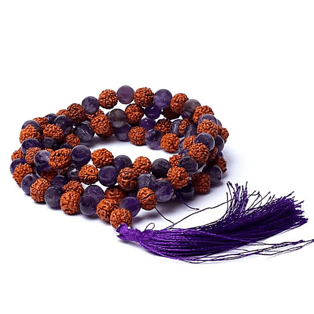 Mala Rudraksha & Αμέθυστο (Amethyst) με μωβ φούντα + πουγκί δώρο - 108 χάντρες Διαστάσεις χάντρας : 0,5 cm - mykarma.gr