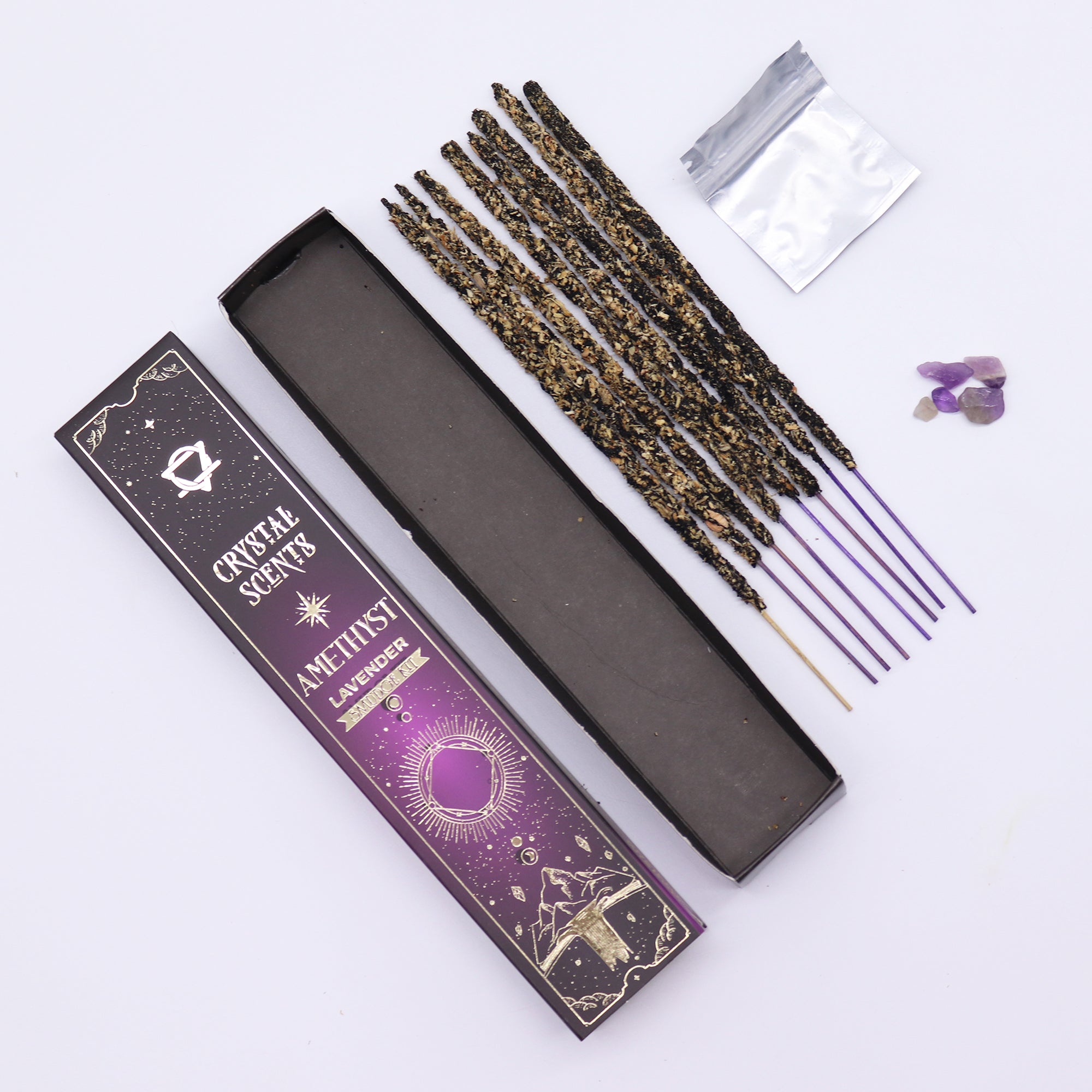 Smudge Kit - Αρωματικά Στικ από βότανα με Λεβάντα & ορυκτό Αμέθυστο (Amethyst) - mykarma.gr