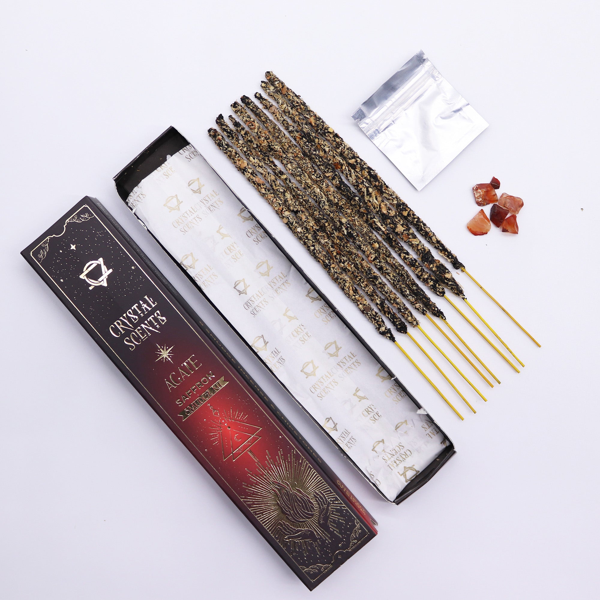 Smudge Kit - Χειροποίητα Αρωματικά Στικ που συνδυάζουν άρωμα Σαφράν & ενέργεια από φυσικό κρύσταλλο Κόκκινο Αχάτη (Red Agate) - mykarma.gr
