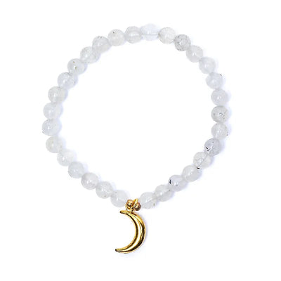 Βραχιόλι Φεγγαρόπετρα (Moonstone) με γούρι σε σχήμα μισοφέγγαρου - ελαστικό με χάντρες των 0,5 εκ - mykarma.gr