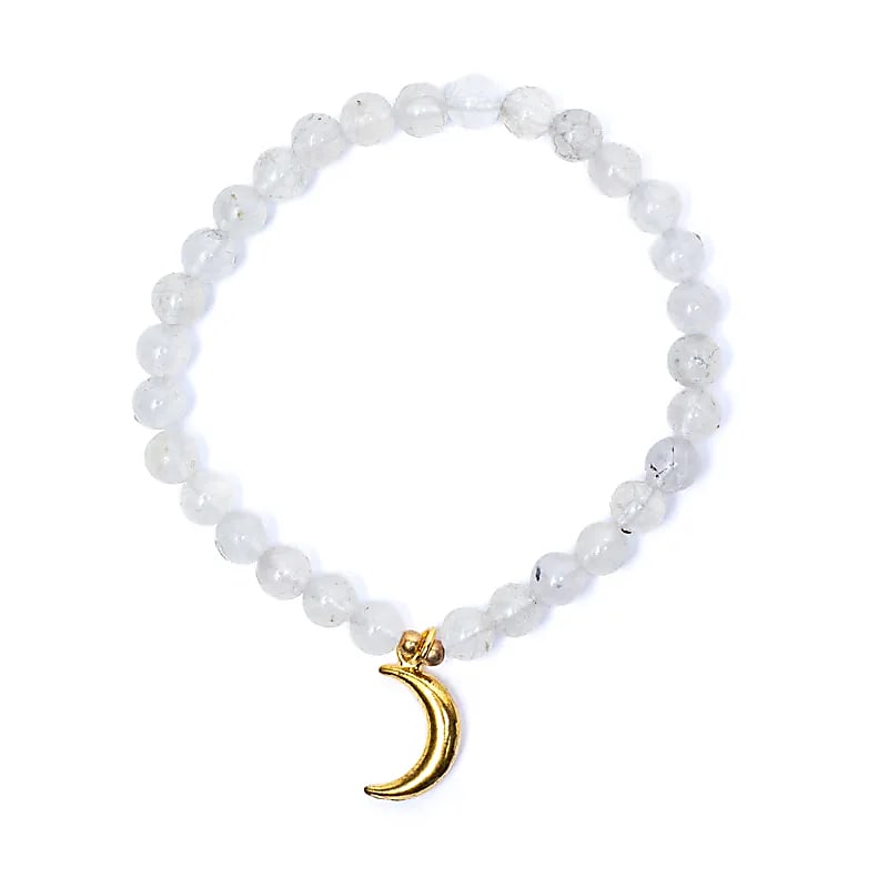 Βραχιόλι Φεγγαρόπετρα (Moonstone) με γούρι σε σχήμα μισοφέγγαρου - ελαστικό με χάντρες των 0,5 εκ - mykarma.gr