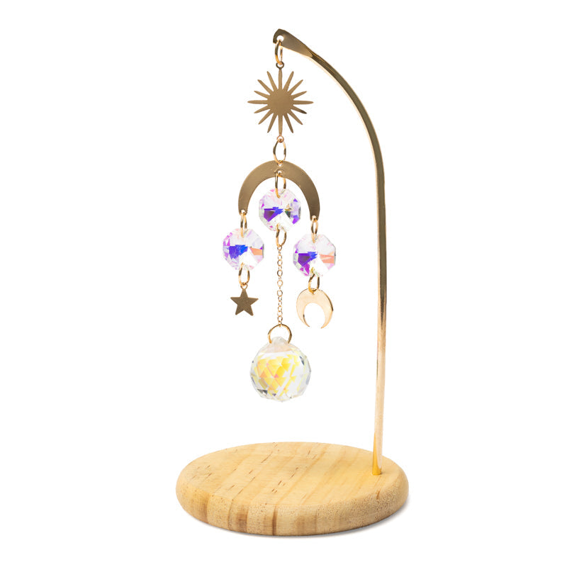 Κρύσταλλοι Feng Shui-Ηλιοπαγίδα (Suncatcher) «Ήλιος, Σελήνη & Αστέρι» με Ξύλινη Βάση & κρυστάλλινη διακόσμηση Διαστάσεις: ±17 x 17 cm - mykarma.gr