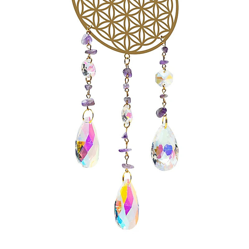 Suncatcher (Ηλιοπαγίδα) - Κρύσταλλοι Feng Shui με “Flower of Life” & ημιπολύτιμους λίθους Αμέθυστο Διαστάσεις: 35 εκ - mykarma.gr