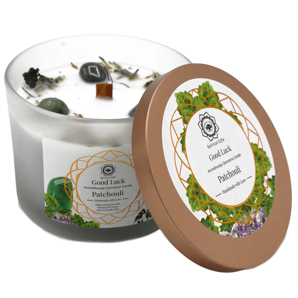 Αρωματικό χειροποίητο Κερί Εκδήλωσης «Good Luck» με Πατσουλί & ημιπολύτιμο λίθο Πράσινη Αβεντουρίνη Χρόνος καύσης ±34 ώρες Διαστάσεις: 11 x 8 cm   265 g - mykarma.gr