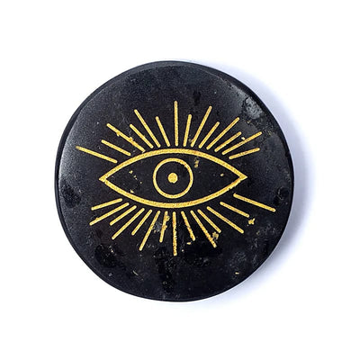 Χαραγμένος Ορυκτός Ενεργειακός δίσκος «All-seeing eye» - Μαύρη Τουρμαλίνη (Black Tourmaline) Διαστάσεις: 5.5x1 cm - mykarma.gr