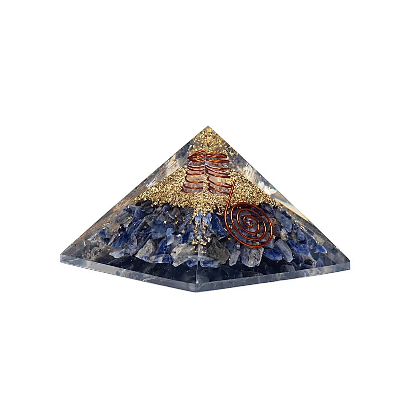 Οργονίτες-Orgone Πυραμίδα με Σοδαλίτη (Sodalite) & «Moon & Stars» Διαστάσεις: 7 × 7 × 6 cm - mykarma.gr