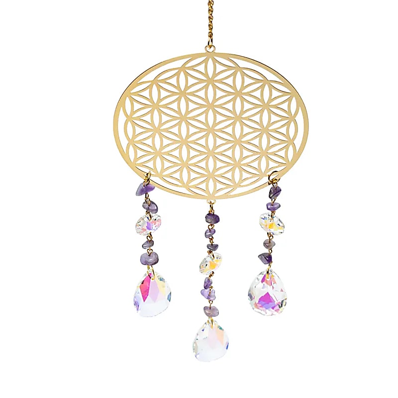 Suncatcher (Ηλιοπαγίδα) - Κρύσταλλοι Feng Shui με “Flower of Life” & ημιπολύτιμους λίθους Αμέθυστο Διαστάσεις: 35 εκ - mykarma.gr