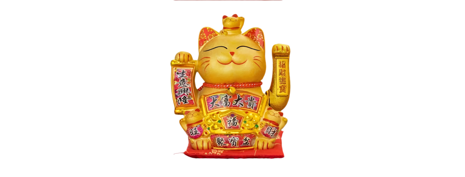 Maneki Lucky Cat - Σύμβολο καλής Τύχης & Πλούτου κουνάει το χέρι με σύμβολα Διαστάσεις 20 x 17 εκ - mykarma.gr