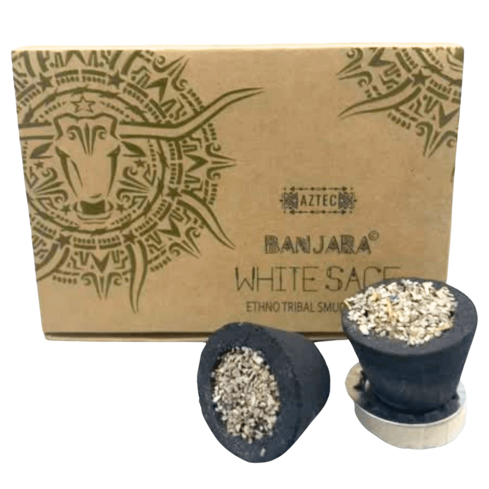 Καθαρίστε το χώρο σας! 2 σε 1 Θυμίαμα - Σετ με 6 Μικρά  κυπελλάκια από κάρβουνο με ρητίνη Λευκό Φασκόμηλο (White Sage) + Βάση - έτοιμα για καύση - mykarma.gr