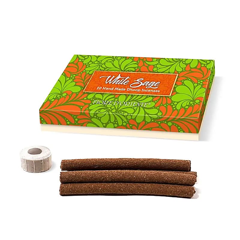 Fiore d'Oriente Χειροποίητο Dhoop Λευκό Φασκόμηλο (White Sage) - 10 ραβδιά & Βαση Βάρος: 40 γρ - mykarma.gr