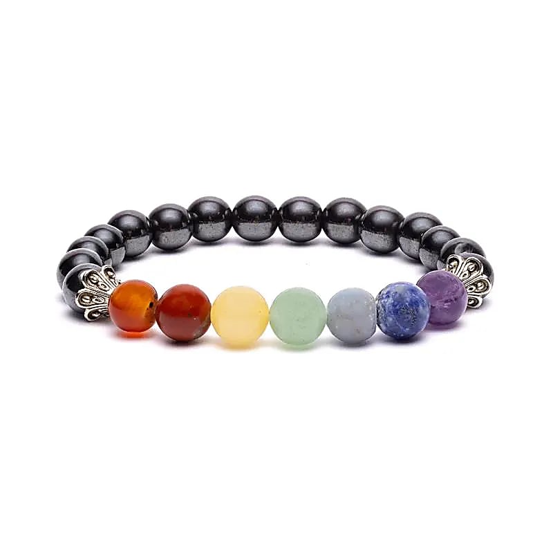 Βραχιόλι Ισορροπίας 7 Chakra-Αιματίτης(Hematite) με 7 ημιπολύτιμους λίθους- ελαστικό Διαστάσεις: 0,8 cm - mykarma.gr