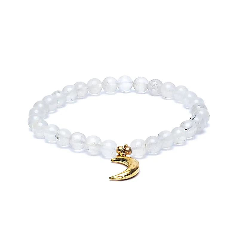 Βραχιόλι Φεγγαρόπετρα (Moonstone) με γούρι σε σχήμα μισοφέγγαρου - ελαστικό με χάντρες των 0,5 εκ - mykarma.gr
