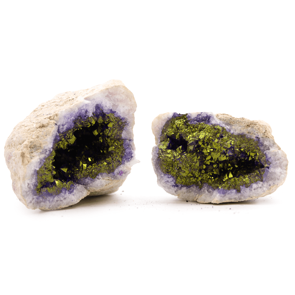 Φυσικό ορυκτό πέτρωμα - Calcite Geodes - Έγχρωμοι Γεώδες από Ασβεστίτη - Λευκός Βράχος - Μωβ/Χρυσό Διαστάσεις: 8.5 x 6 cm - mykarma.gr