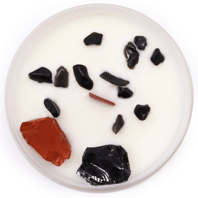Αρωματικό Κερί 1o Chakra Root Muladhara με κύριο άρωμα Black Oud  & ημιπολύτιμους λίθους Κόκκινο Ίασπι & Μαύρο Αχάτη Χρόνος καύσης ±17 ώρες - mykarma.gr