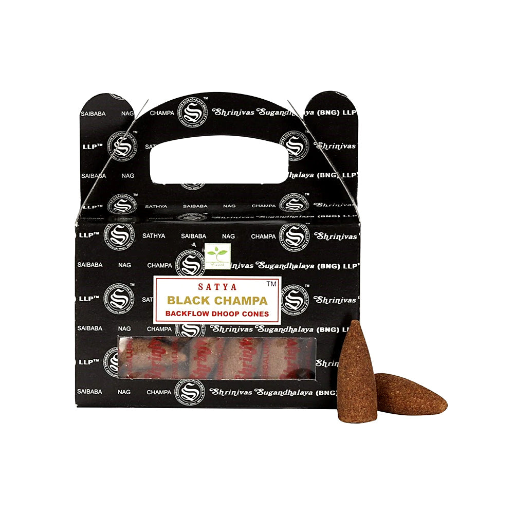 Κώνοι θυμιάματος αναστροφής ροής Satya Backflow Dhoop Cones - Black Champa Βάρος: 75 g Περιεχει 24 κώνους