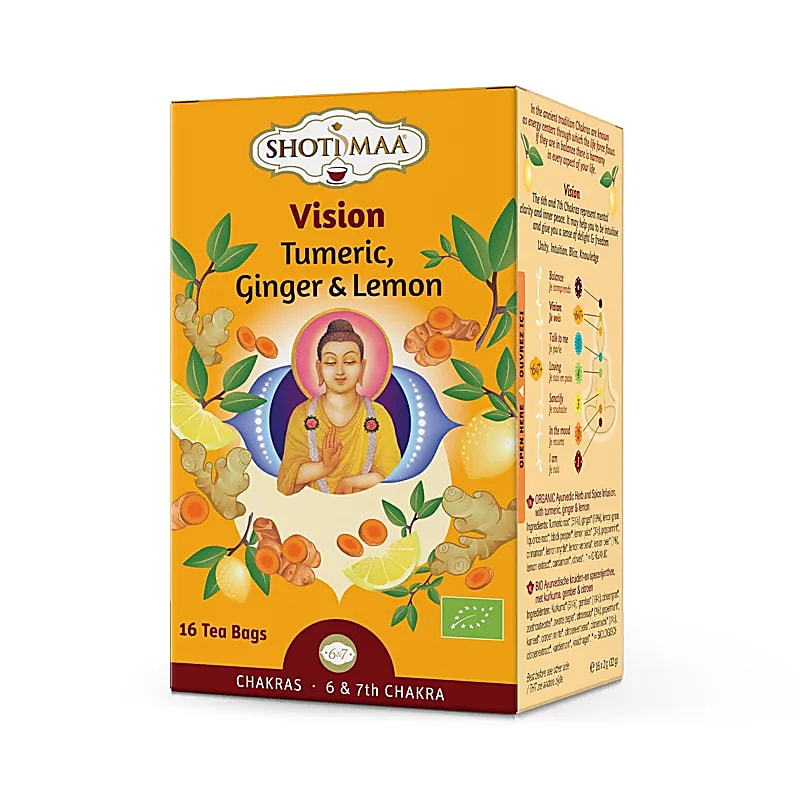 Organic Shoti Maa «Vision» Tea Turmeric,Ginger & Lemon - 16 φακελάκια Αγιουρβεδικό Τσάι Κουρκουμά,Τζίντζερ & Λεμόνι- χωρίς καφεΐνη - mykarma.gr