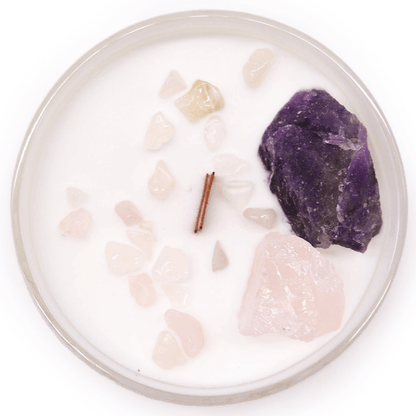 Αρωματικό Κερί 6o Chakra Third Eye Ajna «Sweet Crystal Truth» με ημιπολύτιμους λίθους Αμέθυστο & Ροζ Χαλαζία Χρόνος καύσης ±17 ώρες - mykarma.gr