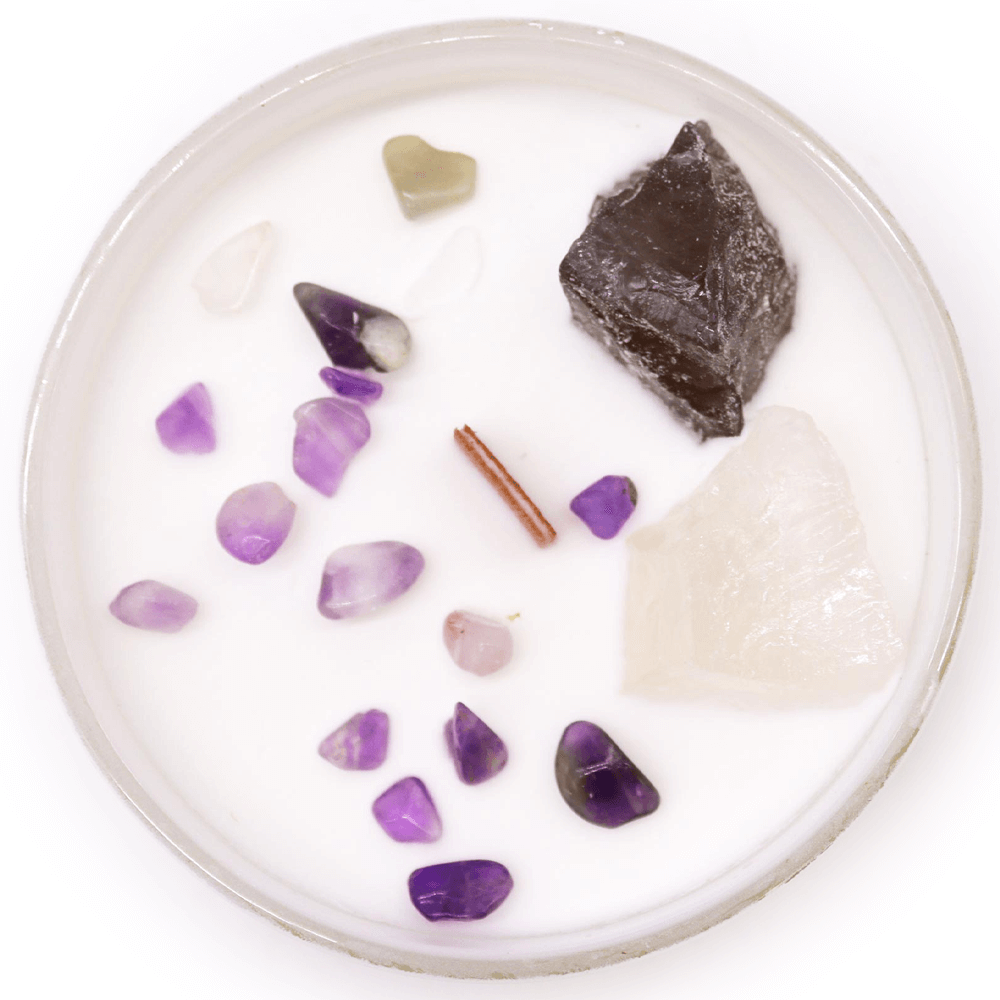 Αρωματικό Κερί 7o Chakra Crown Sahasrara «Ocean Breeze» με ημιπολύτιμους λίθους Σελεστίνη & Σεληνίτη Χρόνος καύσης ±17 ώρες - mykarma.gr