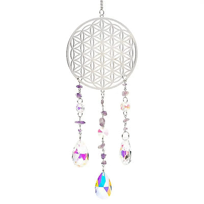 Suncatcher (Ηλιοπαγίδα) - Κρύσταλλοι Feng Shui με “Flower of Life silver” & ημιπολύτιμους λίθους Αμέθυστο Διαστάσεις: 8 x 37 εκ - mykarma.gr