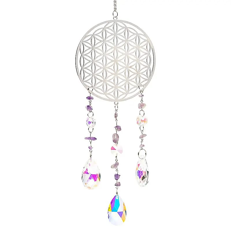 Suncatcher (Ηλιοπαγίδα) - Κρύσταλλοι Feng Shui με “Flower of Life silver” & ημιπολύτιμους λίθους Αμέθυστο Διαστάσεις: 8 x 37 εκ - mykarma.gr