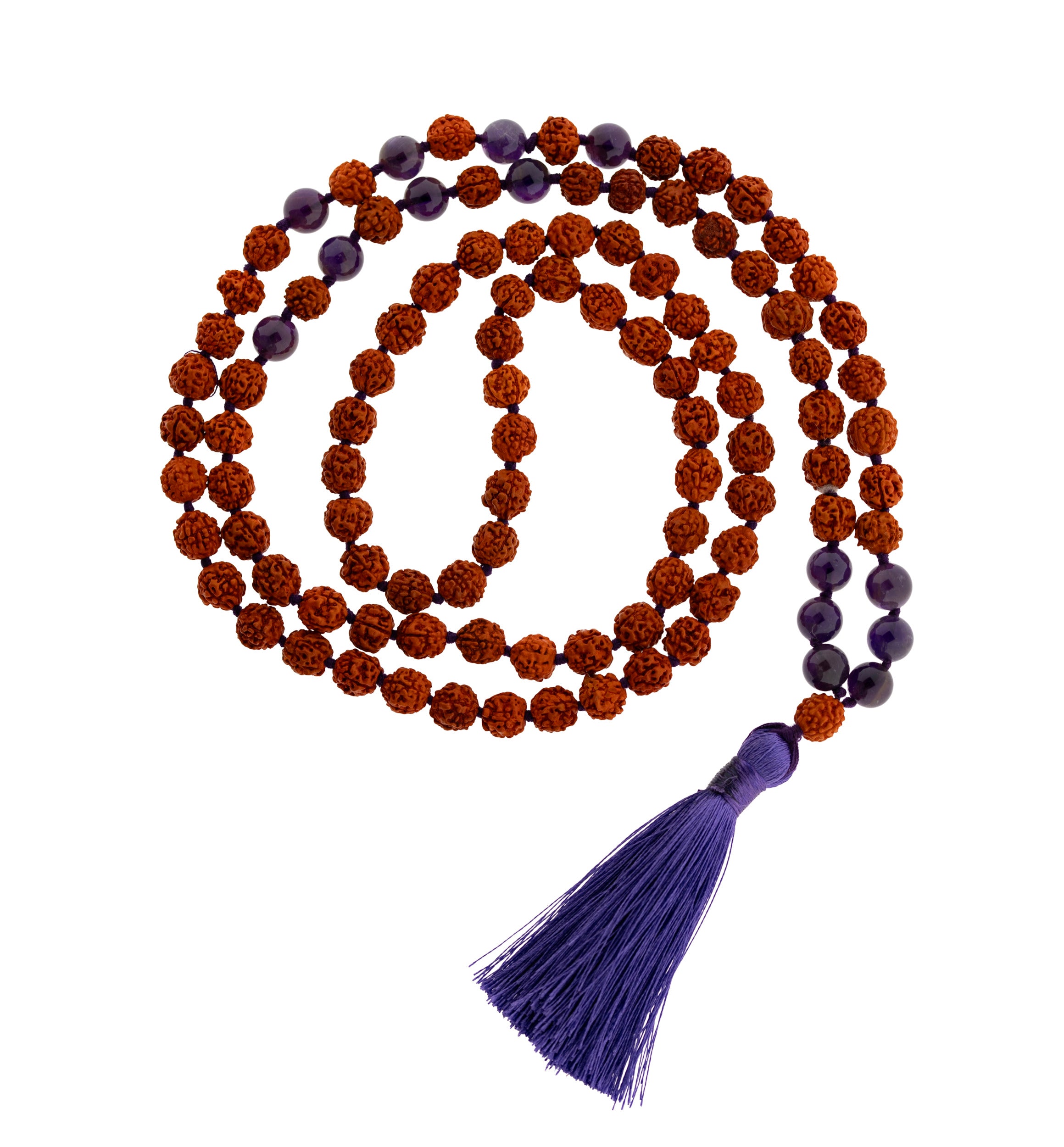 Mala Rudraksha & Αμέθυστο (Amethyst) με μωβ φούντα + πουγκί δώρο - 108 χάντρες Διαστάσεις χάντρας : 0,7 cm - mykarma.gr