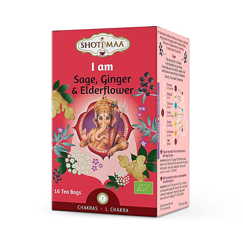 Organic Shoti Maa «I Am» Tea Sage,Ginger & Elderflower - 16 φακελάκια Αγιουρβεδικό Τσάι Φασκόμηλο,Τζίντζερ & Άνθη Σαμπούκου - χωρίς καφεΐνη - mykarma.gr