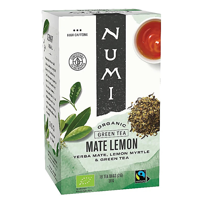Organic Numi Green Tea Yebra Mate Lemon - 18 x 2 g  ΣΑΚΟΥΛΑΚΙΑ Τσάι με Πράσινο Τσάι  & Λεμόνι - με καφεΐνη - mykarma.gr