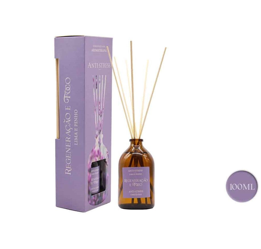 Home Reed Diffuser-Αρωματικό Χώρου Anti-Stress μείγμα με αιθέριο έλαιο Λάιμ & Πεύκο 100 ml & ξυλάκια - mykarma.gr