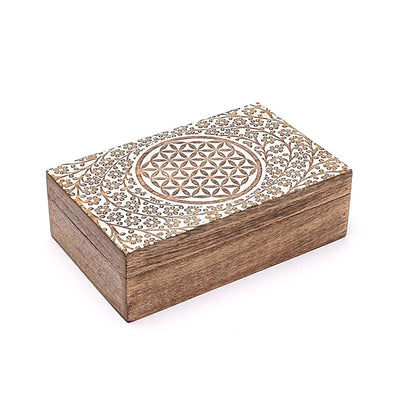 Κουτί κοσμημάτων/Tarot Box από ξύλο Μάνγκο με «Λουλούδι της Ζωής» Διαστάσεις: 20 × 6 × 12,5 cm
