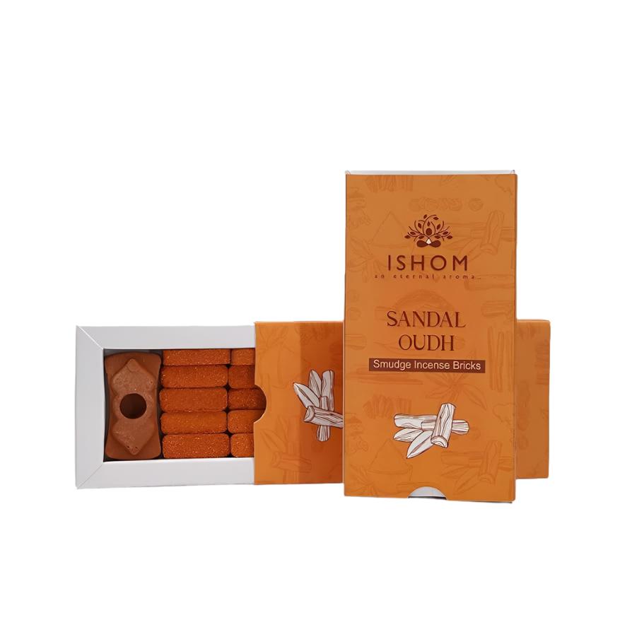 Sandalwood Smudge Θυμίαμα - Φτιαγμένο από καθαρή σκόνη Σανταλόξυλο - για τον καθαρισμό χώρου - 15 τουβλάκια & βάση - mykarma.gr