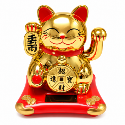Maneki Lucky Cat - Σύμβολο καλής Τύχης & Πλούτου κουνάει το χέρι με τυχερά σύμβολα Διαστάσεις: 10 x 9 εκ