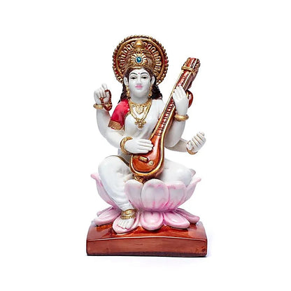 Πολύχρωμο Άγαλμα Saraswati σε θρόνο από Λωτό Διαστάσεις: 19x10 cm Βάρος: 450 gr - mykarma.gr