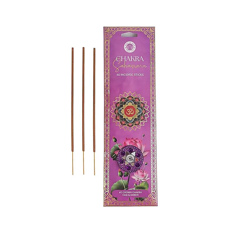 Αρωματικά Στικ για εξισορρόπηση των 7o Chakra Crown Sahasrara - Oud & Κεχριμπάρι - 40 στικ με Βάση Δώρο - mykarma.gr