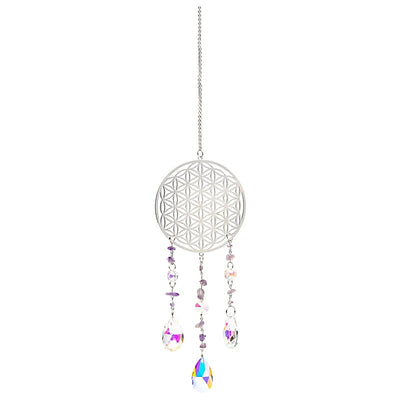 Suncatcher (Ηλιοπαγίδα) - Κρύσταλλοι Feng Shui με “Flower of Life silver” & ημιπολύτιμους λίθους Αμέθυστο Διαστάσεις: 8 x 37 εκ - mykarma.gr