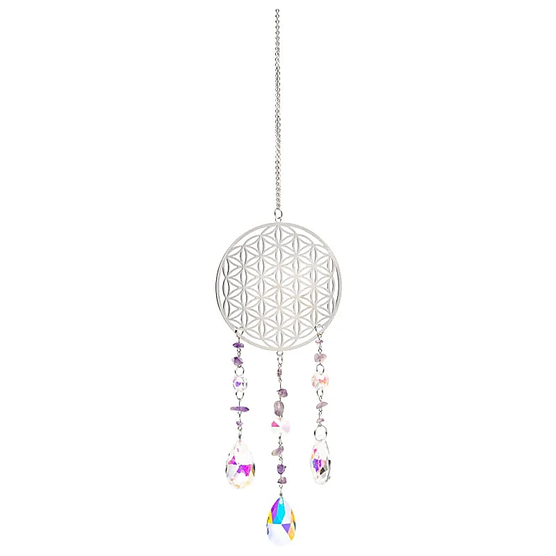 Suncatcher (Ηλιοπαγίδα) - Κρύσταλλοι Feng Shui με “Flower of Life silver” & ημιπολύτιμους λίθους Αμέθυστο Διαστάσεις: 8 x 37 εκ - mykarma.gr
