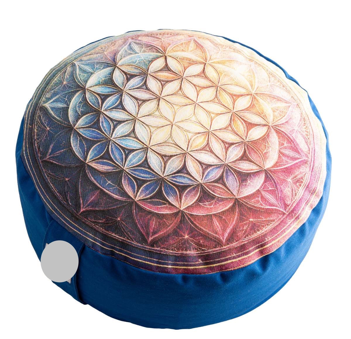 Μαξιλάρι διαλογισμού “Flower of Life“- Blue - Γέμισμα: φλοιός φαγόπυρου Διαστάσεις: Ø 36 cm × ύψος 15 εκ
