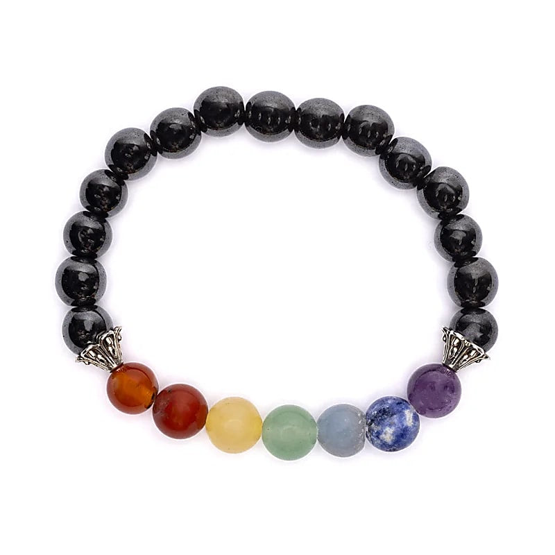 Βραχιόλι Ισορροπίας 7 Chakra-Αιματίτης(Hematite) με 7 ημιπολύτιμους λίθους- ελαστικό Διαστάσεις: 0,8 cm - mykarma.gr