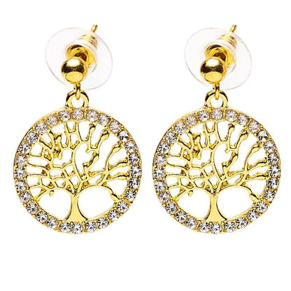 Σκουλαρίκια «Δέντρο της Ζωής» μέσα σε στρογγυλό πλαίσιο με στρας σε Χρυσό Χρώμα Διαστάσεις: ±2.5 εκ - mykarma.gr