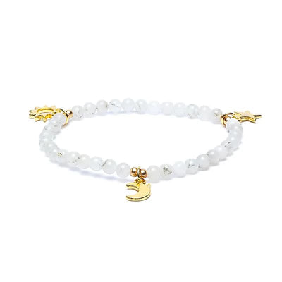 Βραχιόλι Φεγγαρόπετρα (Moonstone) με κρεμαστά Αστέρι,Ήλιος & Σελήνη - ελαστικό με χάντρες των 0,3 εκ - mykarma.gr