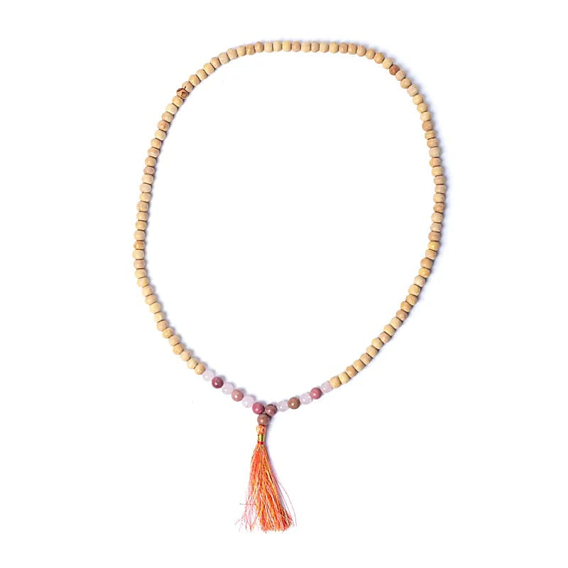 Mala Ξύλο Tulsi με Ροζ Χαλαζία & Θουλίτη (Rose Quartz/Thulite) + πουγκί δώρο - 108 χάντρες Διαστάσεις χάντρας : 0,7 cm - mykarma.gr