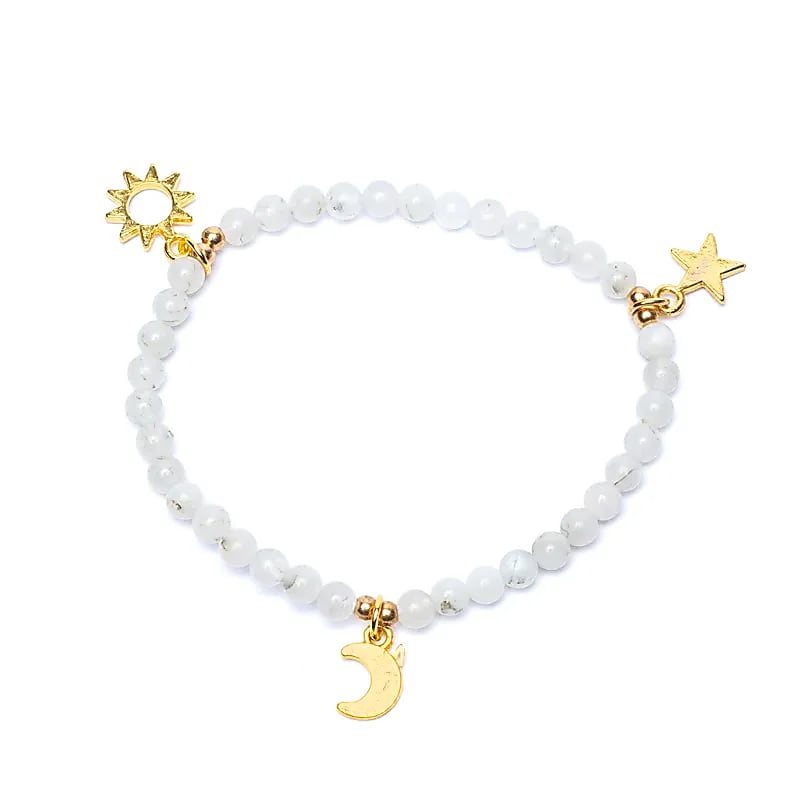 Βραχιόλι Φεγγαρόπετρα (Moonstone) με κρεμαστά Αστέρι,Ήλιος & Σελήνη - ελαστικό με χάντρες των 0,3 εκ - mykarma.gr