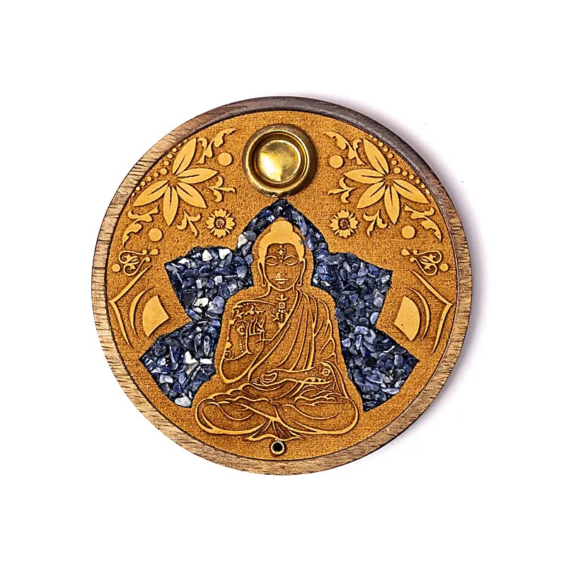 “Buddha” Ξύλινη Σκαλιστή Βάση για Στικ με Σοδαλίτη (Sodalite) Διαστάσεις: ±10x1 cm - mykarma.gr