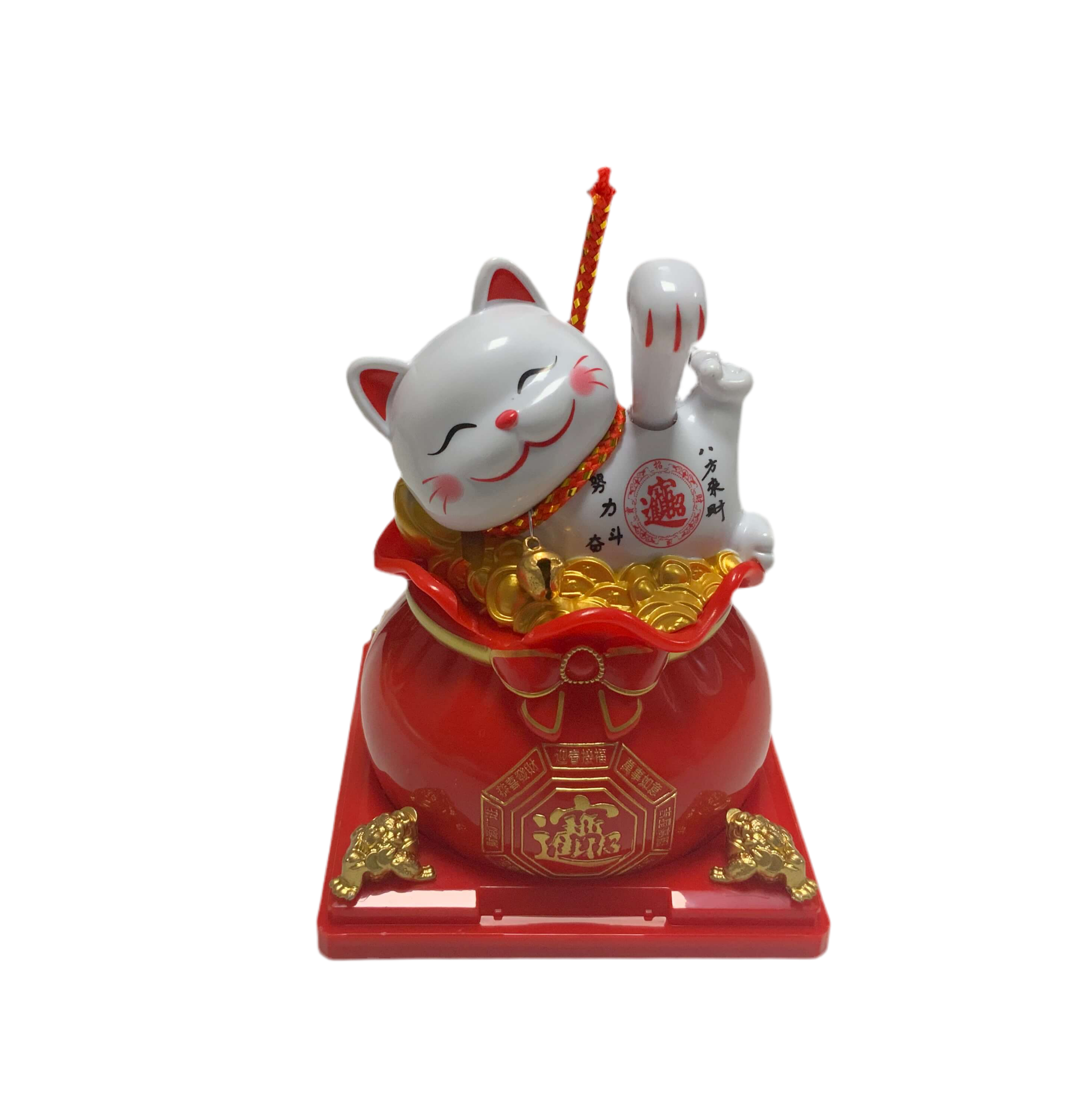 Maneki Lucky Cat - Σύμβολο καλής Τύχης & Πλούτου κουνάει το χέρι με κόκκινο σάκο Διαστάσεις: 8 εκ